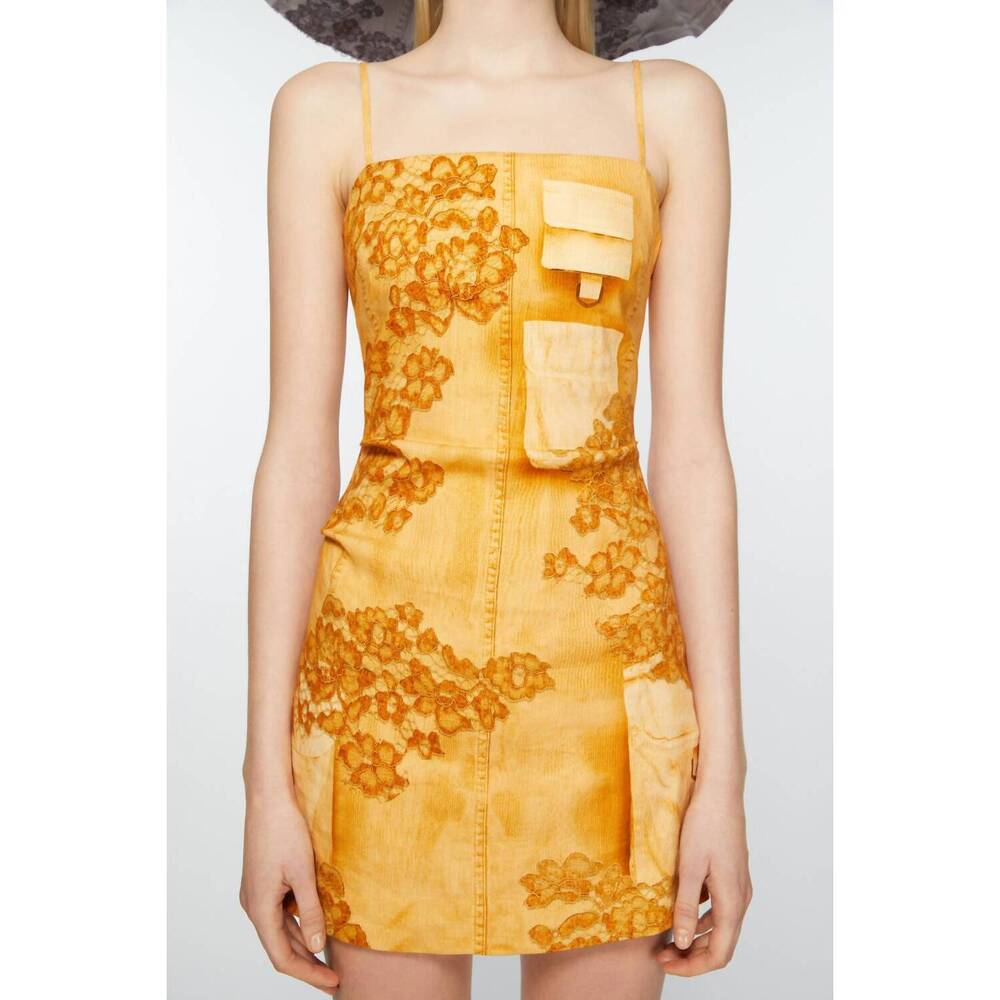 NEW ACNE STUDIOS dua tromp l'oeil print linen minidress in orange